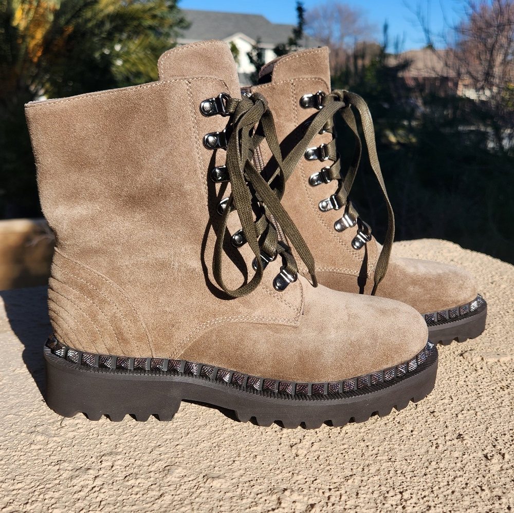 Vince Camuto Suede leather Taupe and olive green moto combat boots